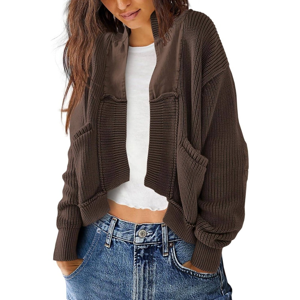Women's Brown Open-Front Knit Cardigan